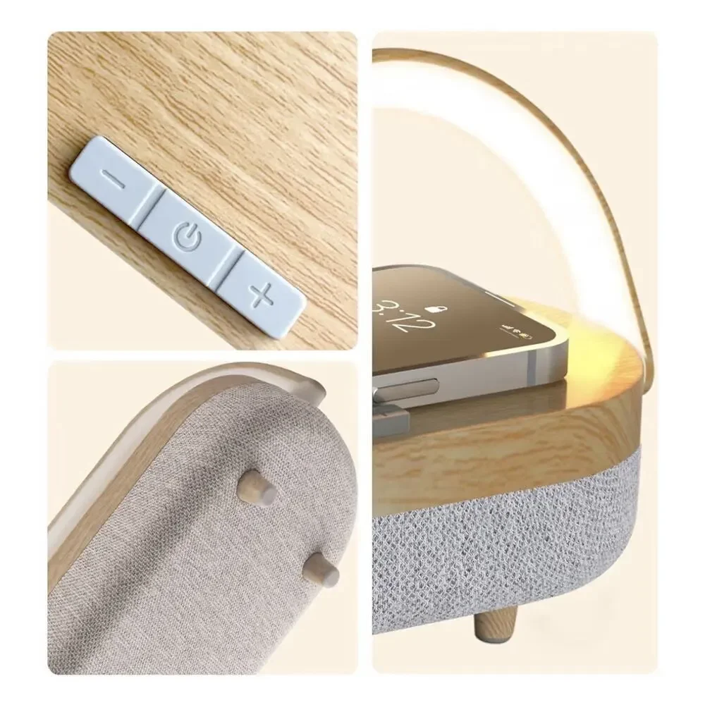 Nightstand Lamp with Wireless, Portable Phone Holder Charger Bluetooth Speaker